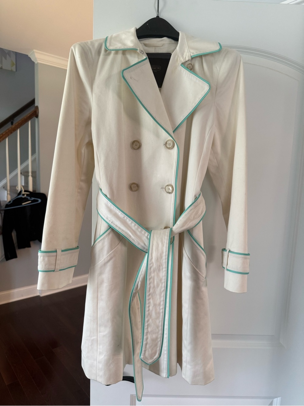 Coach Double-Breasted White Trench Coat with Turquoise Piping and Tie Belt